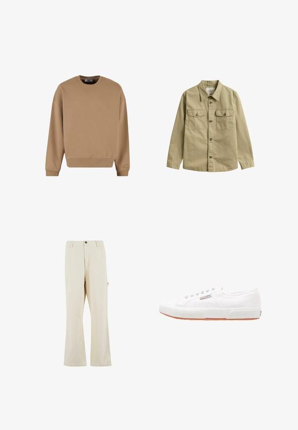 Sweatshirt marron en tissu doux, avec un col rond, des manches longues et des poignets côtelés, au style décontracté et sans motifs visibles.; Chemise kaki à manches longues avec col, boutons sur le devant et deux poches à rabat boutonnées sur le devant.; Pantalons beige à jambes larges en tissu mélangé coton avec fermeture à bouton. Dotés de poches latérales et d'une texture subtile. Détails de couture visibles.; Baskets en toile blanches avec une semelle en caoutchouc, design à lacets et une petite étiquette logo sur le côté. Tige blanche texturée et semelle extérieure marron.