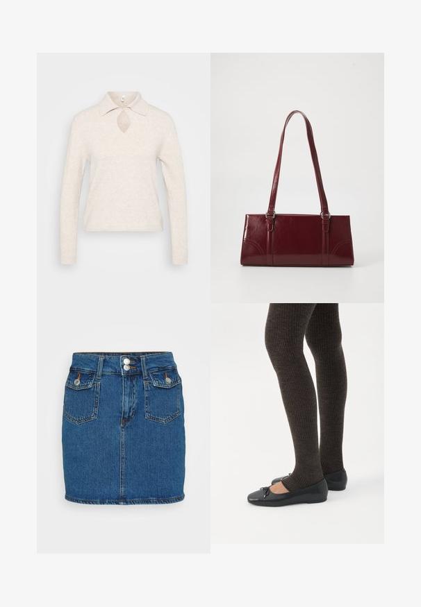 Strikket pullover i lys beige med krave, nøglehul-udskæring i halsen og lange ærmer; tekstureret, blødt stof med en afslappet pasform.; Denim mini skirt, mørkeblå, har høj talje med to forreste knapper, fem-lomme design og kontraststing langs kanten.; Ben iført mørke ribbede leggings kombineret med sorte balletsko med små sløjfedetaljer på hvid baggrund.; Bordeaux håndtaske lavet af glansfuldt materiale, rektangulær form, med to skulderremme og subtile buede detaljer på forsiden.
