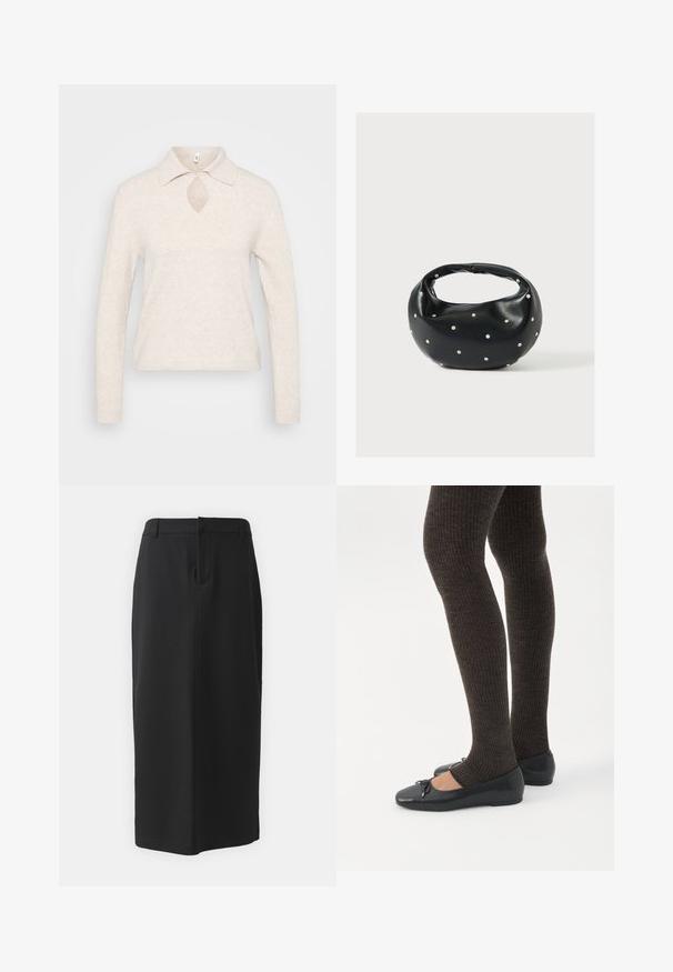 Strikket pullover i lys beige med krave, nøglehul-udskæring i halsen og lange ærmer; tekstureret, blødt stof med en afslappet pasform.; Sort blyantskirt, knælang, lavet af glat materiale. Har en slids bagpå og sidelommer, med et enkelt design og neutral farve.; Ben iført mørke ribbede leggings kombineret med sorte balletsko med små sløjfedetaljer på hvid baggrund.; Sort læderhåndtaske med en rundet form, dekoreret med sølvnitter, og et kort håndtag. Glat tekstur og lynlåslukning.