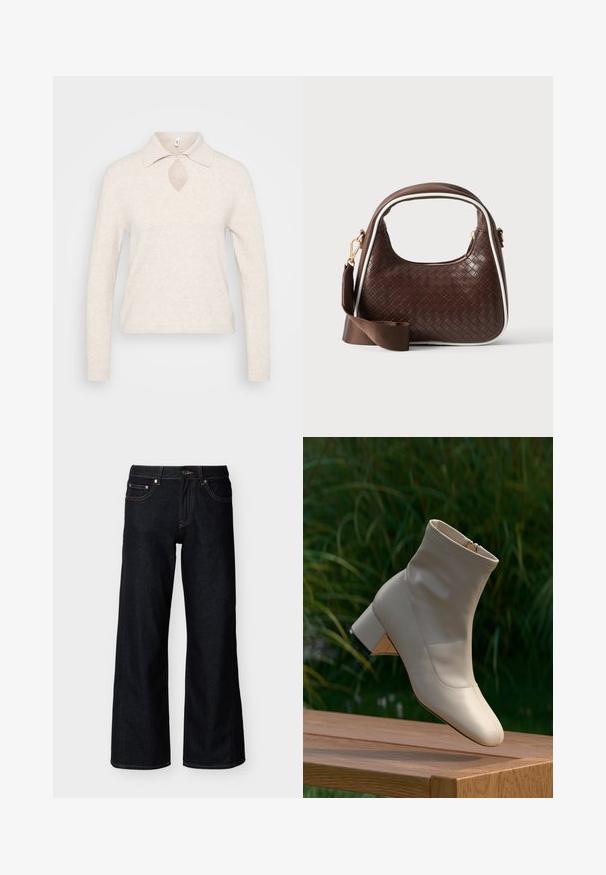 Pull en maille beige clair avec col, découpe en forme de clé au niveau du décolleté et manches longues ; tissu texturé et doux avec une coupe décontractée.; Jean denim bleu foncé à jambes larges avec bouton frontal, fermeture éclair et style cinq poches sur fond clair uni.; Bottine en cuir beige à talon bloc reposant sur une surface en bois, arrière-plan en herbe verte, vue de côté, éclairage naturel doux.; Sac à main en cuir tressé marron avec passepoil blanc, fermeture éclair dorée et bandoulière amovible en tissu marron.