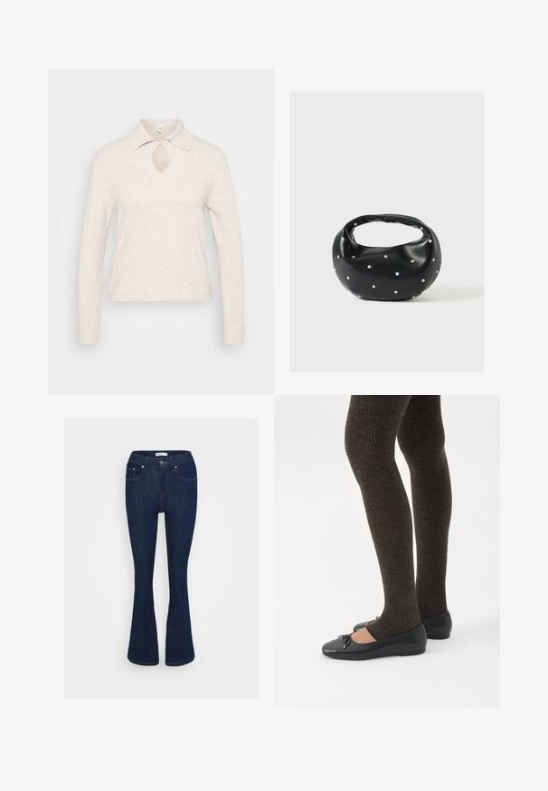 Strikket pullover i lys beige med krave, nøglehul-udskæring i halsen og lange ærmer; tekstureret, blødt stof med en afslappet pasform.; Mørkeblå denim flared jeans med et klassisk fem-lomme design, metal knaplukning og syninger på lommerne.; Ben iført mørke ribbede leggings kombineret med sorte balletsko med små sløjfedetaljer på hvid baggrund.; Sort læderhåndtaske med en rundet form, dekoreret med sølvnitter, og et kort håndtag. Glat tekstur og lynlåslukning.