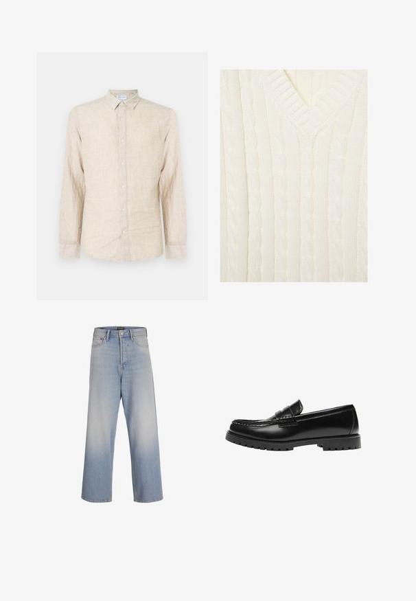 Flødefarvet kabelstrikket sweater med V-hals og ribstrikkede detaljer langs halsudskæringen og lodrette fletmønstre.; Beige langærmet skjorte lavet af struktureret stof, med en klassisk krave, knaplukning og en afslappet pasform.; Lyseblå bredbenede jeans lavet af denim, med høj talje, forlommer og en falmet vask effekt for et tekstureret udseende.; Sort læderloafer med en kraftig gummisål og klassiske penny-strap detaljer, vist fra ydersiden.