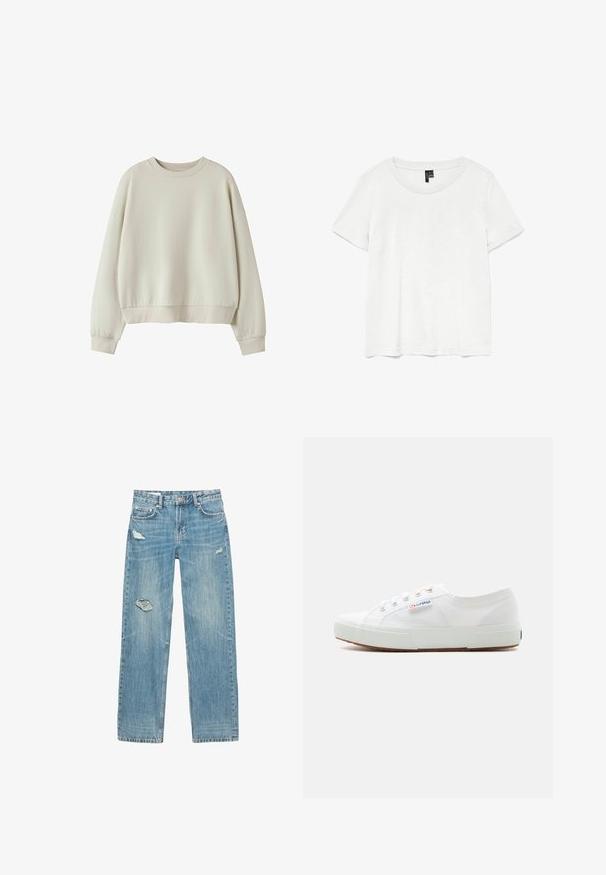 Lichtbeige sweatshirt met een ontspannen pasvorm, geribbelde ronde halslijn en taps toelopende lange mouwen. Zachte textuur met een eenvoudig, glad ontwerp.; Witte t-shirt met korte mouwen en een ronde hals, gemaakt van lichte stof. Eenvoudig ontwerp, gladde textuur en rechte zoom.; Lichtblauwe, rechte spijkerbroek van denim. Heeft rafelige scheuren aan de voorkant, een vervaagde textuur en vijf zakken met metalen hardware.; Witte lage canvas sneaker met witte rubberen zool, veters en "Superga" logo aan de zijkant.