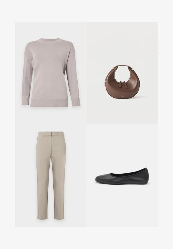Pull gris clair avec un motif en grille texturé, manches longues, col rond et poignets et ourlet côtelés. Fabriqué en tissu doux et extensible.; MM by MaxMara EFFETTO - Pantalon classique - sand; Ballerines en cuir noir avec un bout rond, texture lisse, détails de couture minimalistes et design de semelle flexible.; Sac à main en cuir marron en forme de croissant avec une poignée supérieure et deux curseurs de fermeture éclair, sur fond blanc.