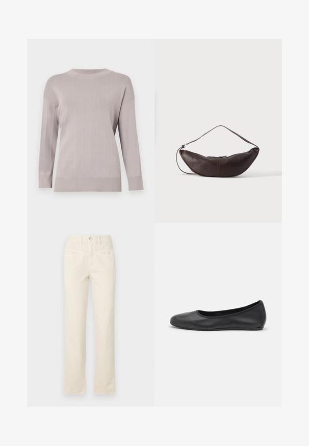 Lys grå sweater med et struktureret rutenetmønster, lange ærmer, rund halsudskæring og ribbede manchetter og kant. Fremstillet af blødt, strækbart stof.; Beige bomuldsbukser med lige ben, featuring en knaplukning og diskrete frontlommer. Nederkanten har en let opfriskning.; Sort læderballetsko med rund tå, glat tekstur, minimal syning og et fleksibelt såldesign.; Mørkebrun læder skuldertaske i halvmåneform med buet rem og synlige syninger på ensfarvet baggrund.