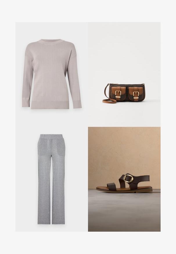 Lys grå sweater med et struktureret rutenetmønster, lange ærmer, rund halsudskæring og ribbede manchetter og kant. Fremstillet af blødt, strækbart stof.; Grå, ribbet strikbukser med en tætsiddende talje og flared ben. Har en subtil glans og lodrette striber for tekstur.; Brun læder sandal med brede stropper og en stor guldbeslag, svævende over et tekstureret beige tæppe nær et træ sofabord.; Brun mønsteret håndtaske med to frontlommer, guldbeslag og en enkelt skulderrem. Har en lynlåslukning og læderdetaljer.