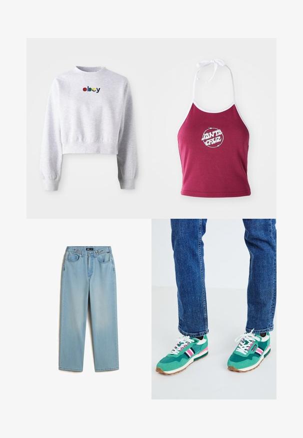 Geknipte grijze sweatshirt van zachte stof, met een ronde hals en lange mouwen met geribbelde manchetten. 'Obey' logo geborduurd in meerdere kleuren.; Bordeaux halter crop top met witte rand, met een cirkelvormig logo waarop "Santa Cruz" in het wit staat, gemaakt van ribbel katoen.; Vans CINCHED CHECK - Baggy jeans - light stonewash; Groene sportsneakers met witte en marineblauwe accenten, roze streepdetails en een gestructureerde stof. Geveterd met witte veters; rubberen zool.