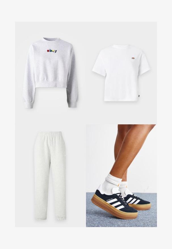 Lühendatud hall sweatshird, mis on valmistatud pehmest kangast, ümmarguse kaeluse ja pikkaeistega, millel on soonikkoes toestus. "Obey" logo on tikitud mitmevärviliselt.; Valge puuvillane T-särk, millel on mugav lõige, väike logoäpp rinnal ja külgkleebis, mis lisab detaili.; Heledad hallhalli, elastselt kohanduv vöökoht, kitsenevad sääred ja soonikservad. Valmistatud pehmest, tekstuuriga kangast. Valge logo detail külgedel.; Jalad valgete sokkide ja mustade Adidas Gazelle tossudega, millel on valged triibud ja paksud pruunid tallad, halli vaibaga põrandal.