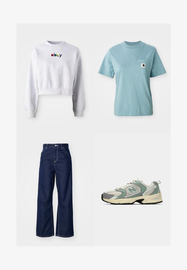 Sweatshirt gris court en tissu doux, avec un col rond et des manches longues à poignets côtelés. Logo "Obey" brodé en multicolore.; T-shirt en coton léger bleu clair à manches courtes avec poche poitrine affichant un petit patch logo Carhartt noir et blanc.; Jean large en denim bleu foncé, avec une taille haute, des coutures blanches contrastantes et un design traditionnel à cinq poches.; Baskets de sport New Balance blanches et vert clair en tissu en maille, avec une semelle beige et un semelle noire, présentées de côté sur un fond uni.