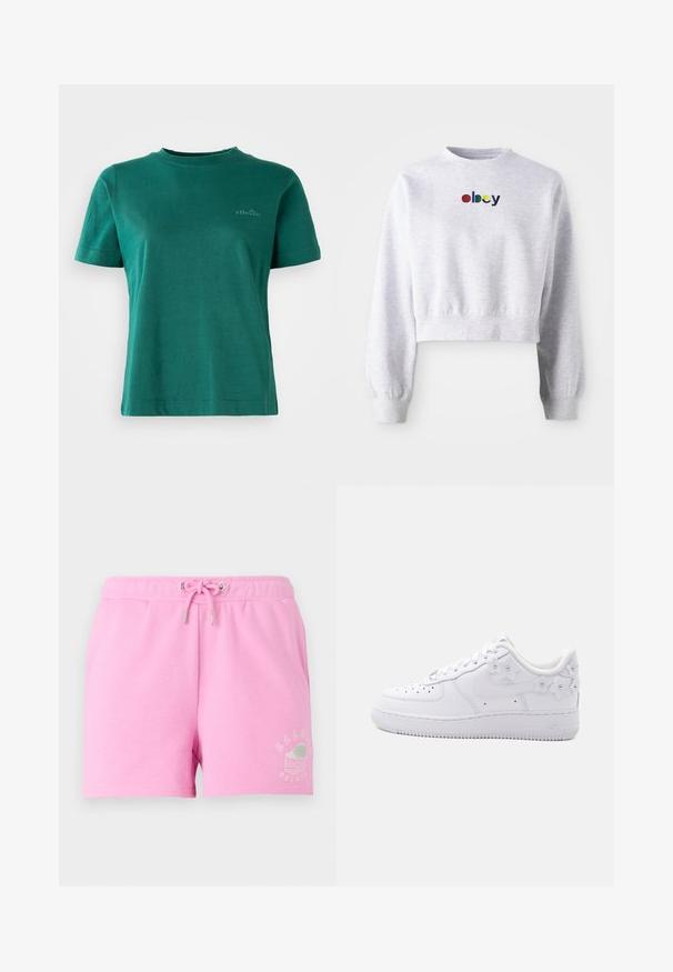Sudadera gris corta hecha de una tela suave, con cuello redondo y mangas largas con puños acanalados. Logo "Obey" bordado en varios colores.; Camiseta verde de manga corta, hecha de una tela suave, con escote redondo y un sutil acento de logo en la parte delantera.; Pantalones cortos de algodón rosa con cintura elástica y cordón, que presentan un gráfico impreso en blanco de un vaso de helado en el lado inferior.; Zapatilla blanca de caña baja con puntera perforada, logo Nike y detalles decorativos florales blancos en el talón y el lateral.