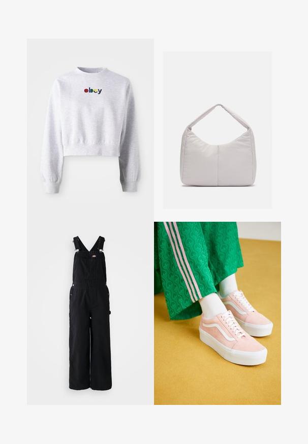 Geknipte grijze sweatshirt van zachte stof, met een ronde hals en lange mouwen met geribbelde manchetten. 'Obey' logo geborduurd in meerdere kleuren.; Zwarte denim dungarees met brede pijpen, verstelbare schouderbanden, een voorktas en zilveren hardware-accenten. Glad van textuur, minimaal ontwerp.; Roze suède sneakers met witte accenten en dikke witte zolen, gecombineerd met groene pantalons met een patroon en roze zijstrepen.; Lichtgrijze gewatteerde schoudertas met een gebogen vorm, voorzien van een enkele handgreep en een glad, gestructureerd oppervlak. Eenvoudig ontwerp zonder extra hardware.