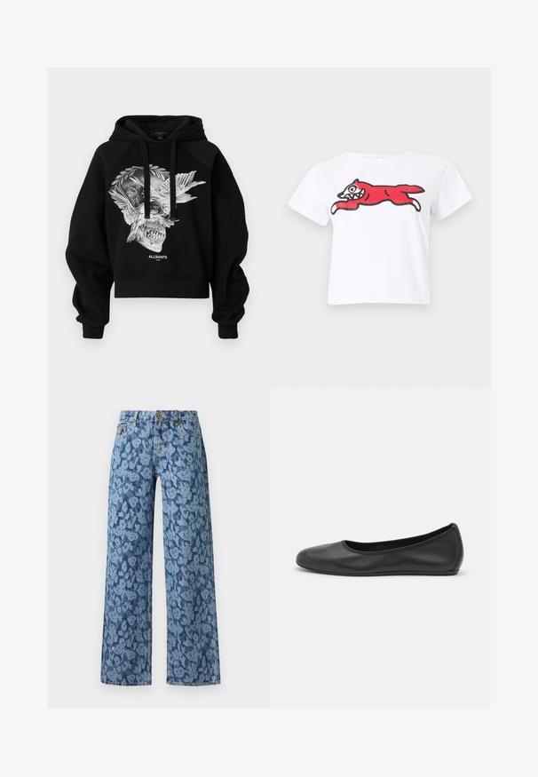 Hoodie noir court en coton, arborant un motif graphique d'un crâne avec des ailes sur le devant, avec des cordons de serrage et des manches raglan.; T-shirt blanc à manches courtes avec un renard cartoon rouge espiègle sautant sur la poitrine, contouré en noir et blanc.; Jean en denim bleu à jambes larges avec motif floral bleu clair, bouton à l'avant, passants pour ceinture, et cinq poches.; Ballerines en cuir noir avec un bout rond, texture lisse, détails de couture minimalistes et design de semelle flexible.