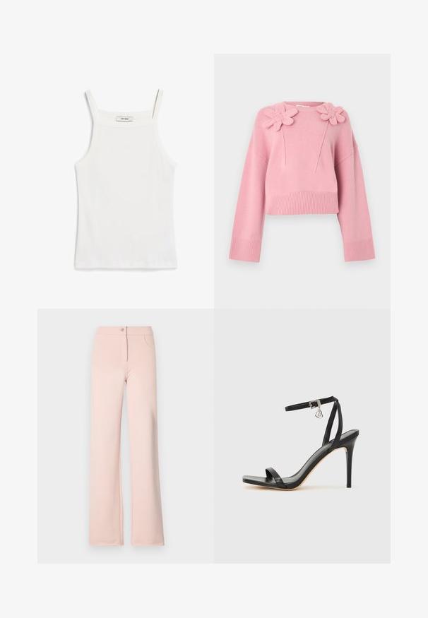 Lyserød cropped sweater lavet af blødt strikstof. Har to blomsterapplikationer på skulderen, med brede ærmer og ribbet kant.; Hvid tank top med tynde stropper, lavet af ribbet bomuldsstof, med en lige halsudskæring og en ren afslutning i kanten.; Lyserøde bukser med bred benvidde lavet af blød stof. Har en frontknaplukning, to sidelommer og en glat tekstur.; Sort hæl-sandal med smal ankrem, firkantet tå-boks, glat lædermateriale og metalspænde som pynt.