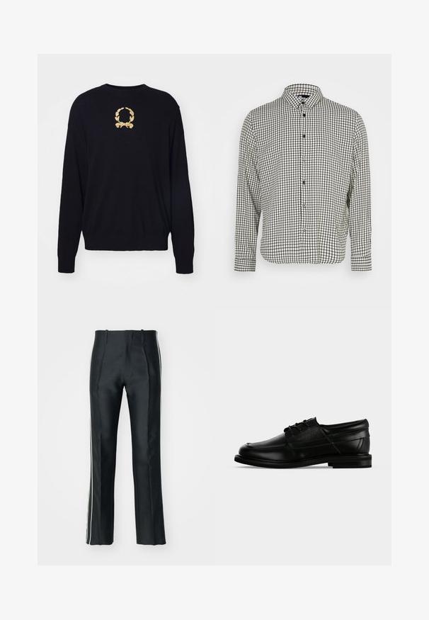 Sort sweater lavet af blødt stof, med et guld broderet laurbærkransdesign på brystet samt ribbede manchetter og kant.; Skjorte med knapper i sort og hvidt ternet mønster, med krave, lange ærmer og lige kant. Har et let stof og sorte knapper.; Sorte satinbukser med en skræddersyet pasform, der har hvide sidelister. Designet med en udvidet benvidde og frontfolder for ekstra detalje.; Sort læder herresko med snørebånd, lav hæl og præget mærkenavn på siden, vist i sideprofil på hvid baggrund.