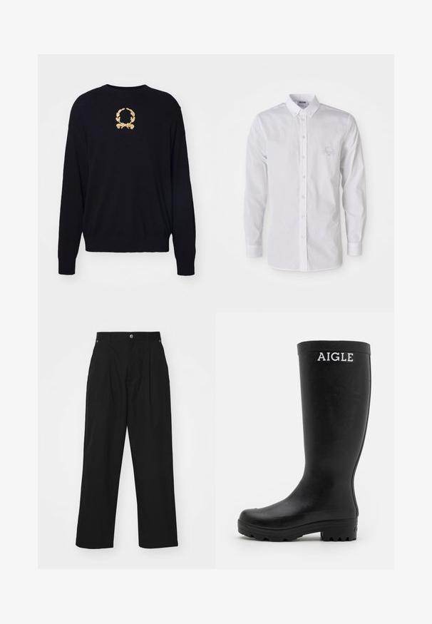 Sort sweater lavet af blødt stof, med et guld broderet laurbærkransdesign på brystet samt ribbede manchetter og kant.; Hvid langærmet skjorte med knap-opsætning og nedknappet krave samt et diskret broderet logo på venstre bryst.; Sorte bukser med brede ben lavet af letvægtsstof. Med knaplukning, frontfolder og to sidelommer.; Sorte gummistøvler med en glat overflade, høj skaft og en robust, rillet sål. Har et hvidt AIGLE-logo foran.