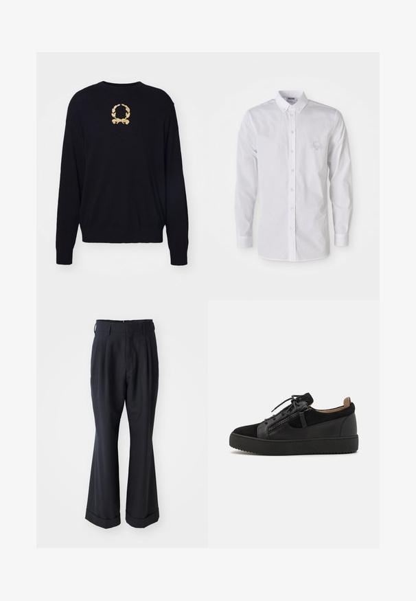 Un pull noir en tissu doux, avec un motif de laurier brodé en or sur la poitrine et des poignets et un ourlet côtelés.; Chemise blanche à manches longues, à col boutonné, avec un logo brodé discret sur la poitrine gauche.; Pantalons noirs ajustés avec une coupe décontractée, devant plissé et jambes larges. Caractéristiques d'un ourlet à retournement et d'une texture de tissu lisse.; Giuseppe Zanotti DOUBLE ZIP - Baskets basses - black