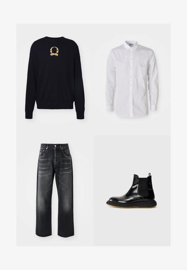 Un pull noir en tissu doux, avec un motif de laurier brodé en or sur la poitrine et des poignets et un ourlet côtelés.; Chemise blanche à manches longues, à col boutonné, avec un logo brodé discret sur la poitrine gauche.; Jean noir à jambe droite avec des plis décolorés sur les cuisses, bouton avant, braguette zippée et design à cinq poches.; Bottine Chelsea en cuir noir avec une finition brillante, panneaux latéraux élastiques, tirant et semelle en caoutchouc texturé.