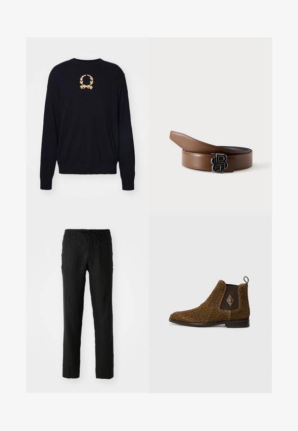 Schwarzer Pullover aus weichem Stoff mit goldgesticktem Lorbeerkranzdesign auf der Brust sowie gerippten Bündchen und Saum.; Schwarze Leinenhose mit elastischem Bund und Kordelzug. Gerader Schnitt und glatte Textur. Geeignet für die Freizeit.; Braune gewebte Knöchelstiefel mit spitzem Fuß, elastischen Seitenpaneelen und einer Schlaufe auf der Rückseite. Verfügt über einen Diamantakzent auf der Außenseite.; Brauner Ledergürtel mit schwarzer Metall-Doppel-B-Schnalle, teilweise aufgewickelt auf hellem Hintergrund