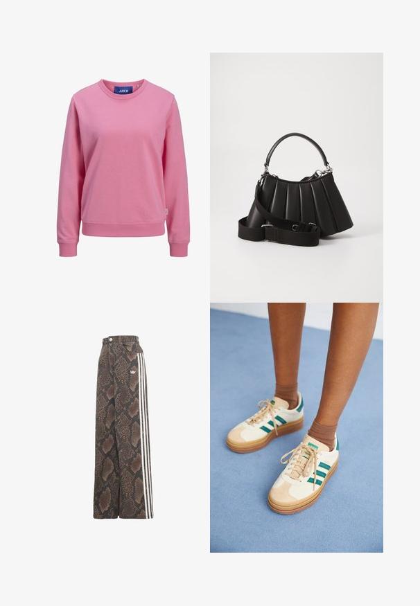 Sweatshirt rose en coton doux. Présente un col rond et des manches longues avec des bords-côtes aux poignets et à l'ourlet. Étiquette visible au col.; Pantalon à jambes larges avec motif peau de serpent marron et noir, détail latéral blanc à trois bandes et logo trefoil Adidas sur la hanche.; Baskets beiges avec des rayures vert foncé, semelle en caoutchouc, tige en daim et textile, et accessoires neutres, associées à des chaussettes brunes sur une surface bleu clair.; Sac à main plissé noir avec une poignée arrondie, une bandoulière réglable et une texture brillante. Présente des accessoires en argent et une silhouette structurée.