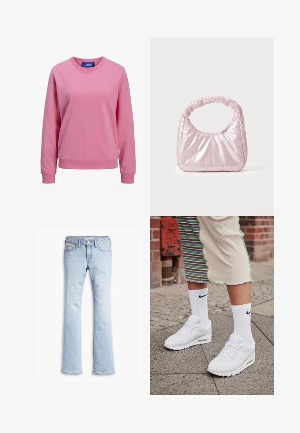 Sudadera rosa hecha de suave algodón. Cuenta con un cuello redondo y mangas largas con puños y dobladillo de canalé. Etiqueta visible en el cuello.; Vaqueros de denim azul claro con cintura ajustada, botón y cremallera en la parte delantera, bolsillos delanteros y traseros, y piernas ligeramente acampanadas.; Zapatillas Nike Air Max 90 blancas con parte superior de malla y cuero, que cuentan con una unidad de aire visible, combinadas con calcetines blancos con relieve y logotipo negro.; Bolso de mano acolchado en color rosa con un diseño redondeado, fabricado en material brillante. Presenta un asa fruncida y un cierre de cremallera para un acceso seguro.