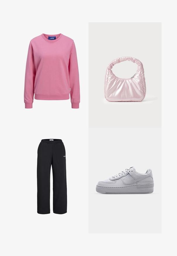 Lyserød sweatshirt lavet af blødt bomuld. Har en rund halsudskæring og lange ærmer med ribbede manchetter og kant. Mærket er synligt ved kraven.; Sorte sweatpants med lige ben, elastisk talje og lille hvidt logo på øvre lår, designet til afslappet brug.; Grå Nike Air Force 1 sneakers med perforeret tå, glat læderoverdel, tyk sål og præget 'AIR' detalje på hælen.; Rosa, polstret håndtaske med afrundet design, lavet af skinnende materiale. Har et samlet håndtag og en lynlås til sikker adgang.