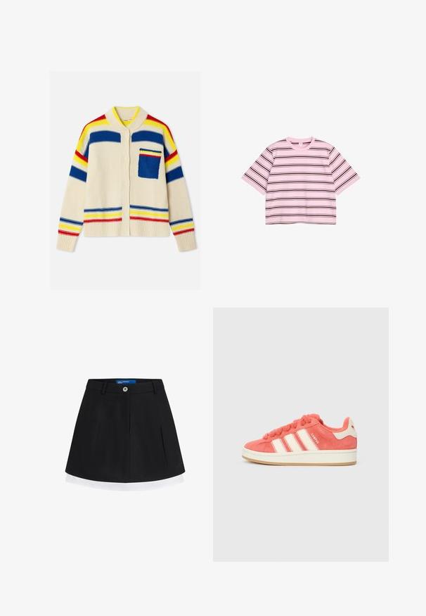 Strikket cardigan i cremefarve med flerfarvede striber (rød, gul, blå). Har en frontlomme samt ribafslutning ved krave og ærmekanter.; Pink kortærmet t-shirt med sort-hvide vandrette striber, rund hals og løs pasform, lagt fladt på en hvid baggrund.; Sort A-formet nederdel med en hvid lagdelt kant, knapper foran, bæltestropper og diskret brandlogo på den nederste side.; Lyserøde flade sneakers med cremefarvede striber, runde snørebånd og en tekstureret tunge. Har en gummigummi sål og et logo på hælen.