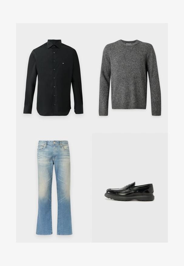 Jersey de manga larga con cuello redondo en tejido de punto gris oscuro con puños, cuello y bajo acanalados, mostrado sobre un fondo claro liso.; Camisa negra de manga larga hecha de tela suave, con cuello puntiagudo, botonera y un pequeño logo blanco en el lado izquierdo del pecho.; Vaqueros acampanados de mezclilla azul claro con acabado desgastado, diseño de cinco bolsillos, cierre con botón metálico y bajos rectos.; Mocasín de cuero negro con un acabado brillante, punta redondeada, detalles de costura sutiles y una suela de goma gruesa para mayor durabilidad.