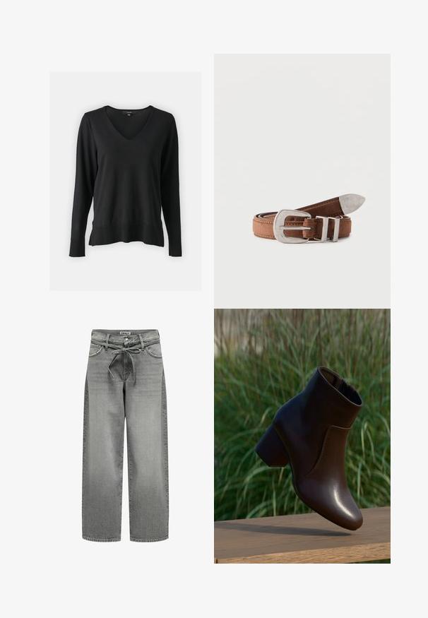 Sort langærmet sweater med v-hals, ribbede manchetter og bund. Fremstillet af blødt strikmateriale med en afslappet pasform.; Bredde grå denim jeans med snøre i taljen og forlommer. Stoffet har en let struktur og en falmet overflade.; Mørkebrune læderankelstøvler med blokhæl svævende over en træoverflade med grøn sløret græsbaggrund.; Brunt læderbælte rullet sammen med en stor sølvspænde og metalspids, placeret mod en hvid baggrund.