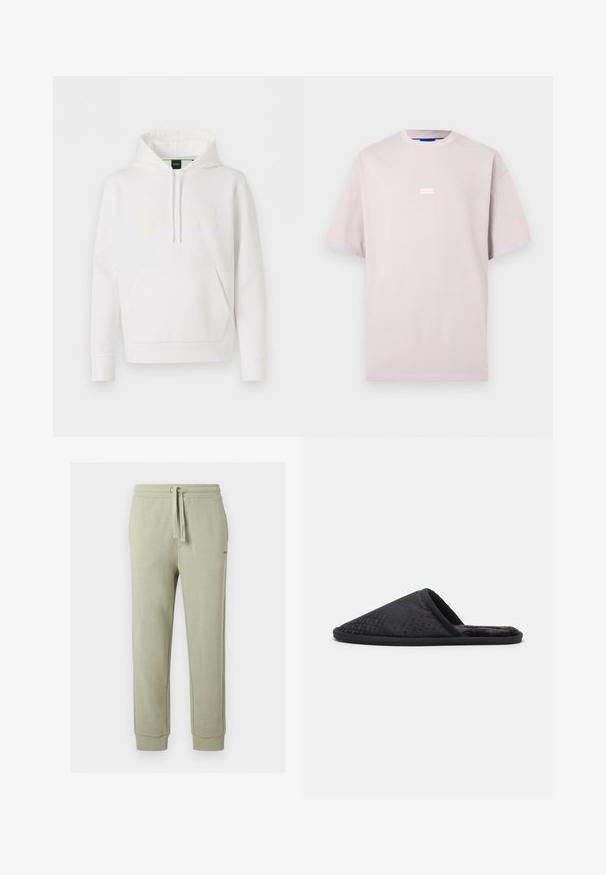 Sudadera blanca de manga larga con capucha, bolsillo frontal tipo canguro, cordón ajustable en la capucha, puños acanalados y sutil logo "BOSS" en relieve en el pecho.; Camiseta oversize de color beige claro con mangas cortas y un pequeño logo "HUGO" centrado en el pecho sobre un fondo liso.; Pantalones jogger de color verde claro con cintura ajustable con cordón y tobillos con puño, hechos de tela suave, mostrados sobre un fondo liso.; BOSS HOME SLIP - Pantuflas - black