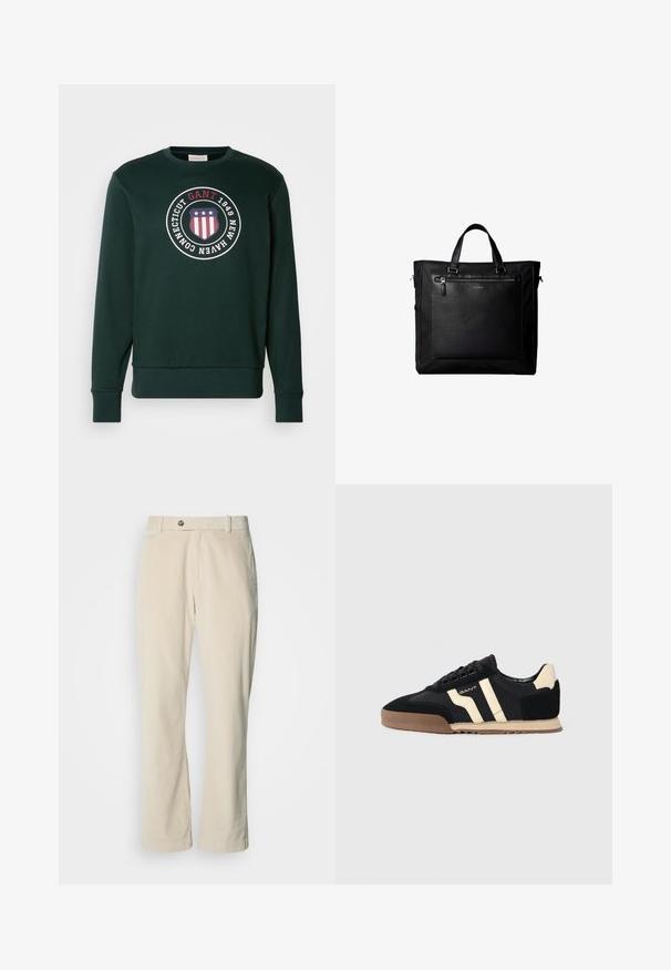 Mørkegrøn sweatshirt med rund halsudskæring, lange ærmer og cirkulært emblem med teksten "GANT 1949 New Haven Connecticut" samt stjerner og striber skjold.; Beige kordfløjlsbukser med knap- og lynlåslukning, bæltestropper og lige ben på en hvid baggrund.; Sort ruskinds sneakers med beige accenter, der har en gummisål, flade snørebånd og et stilfuldt stribet design på siderne.; Sort taske med dobbelte håndtag, stor læderlomme foran med lynlås og diskret Calvin Klein-logo midt på lommen.