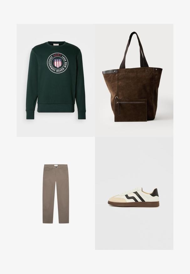 Mørkegrøn sweatshirt med rund halsudskæring, lange ærmer og cirkulært emblem med teksten "GANT 1949 New Haven Connecticut" samt stjerner og striber skjold.; Brune bukser med lige snit, der har forlommer og accentuerende syninger langs siderne for ekstra detaljer og tekstur.; Hvid læder sneakers med sorte striber og tan ruskind tækkappe. Gummisål i mørkebrun. Snørebånd og polstret krave fuldender designet.; Mørkebrun ruskindstaske med sorte håndtag og en tilsvarende rektangulær lynlåspung fastgjort foran.