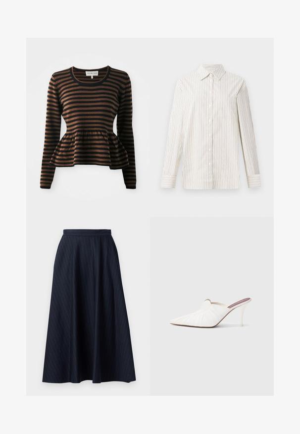 Brun og sort stribet langærmet sweater med peplum kant, lavet af blødt stof, med rund udskæring og ribbede manchetter.; Langærmet skjorte i cremefarvet med tynde vertikale brune striber, med klassisk krave og en enkelt brystlomme.; Marineblå lang nederdel lavet af struktureret stof med lodrette striber. Har en tætsiddende talje og en svævende silhuet. Ingen synlige lukninger.; Hvide mule sko med spids snude, plisseret tekstur på overdelen og en slank stilet hæl. Glat overflade og minimalistisk design.