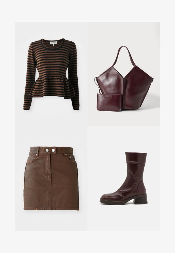 Pull à manches longues rayé marron et noir avec un ourlet en peplum, fabriqué en tissu doux, et doté d'un col rond et de poignets côtelés.; Jupe en denim marron mini avec une taille haute, deux poches avant, des accents de boutons en argent et une texture lisse.; MIISTA MALENE - Bottines - brown; Sac à main en cuir marron foncé avec une seule anse et une petite pochette zippée assortie placée devant sur un fond clair.