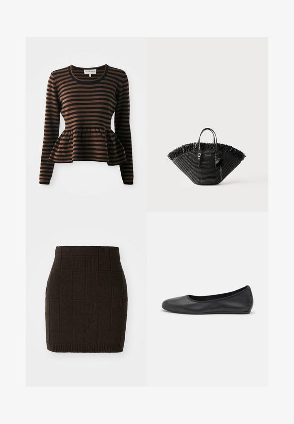 Brun og sort stribet langærmet sweater med peplum kant, lavet af blødt stof, med rund udskæring og ribbede manchetter.; Strikket mørkebrun miniskørt med et tekstureret, vævet mønster og en tætsiddende talje. Bunden er ribbet for ekstra detaljer.; Sort læderballetsko med rund tå, glat tekstur, minimal syning og et fleksibelt såldesign.; Sort vævet tote-taske med bred blæserform, frynset øverste kant, to håndtag og en dekorativ sløjfe på det ene håndtag.
