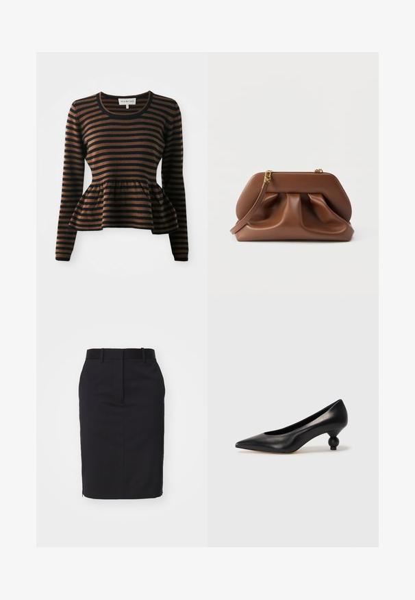 Suéter de manga larga a rayas marrón y negro con dobladillo de peplum, hecho de una tela suave, con cuello redondo y puños acanalados.; Falda lápiz negra con un diseño ajustado, hecha de una tela suave. Cuenta con una cinturilla y una abertura en la parte trasera para facilitar el movimiento.; Zapato de tacón alto de cuero negro con puntera afilada y un tacón redondeado y abombado. Textura suave con un diseño elegante y minimalista.; Bolso de mano de cuero marrón con diseño fruncido, herrajes de tono dorado y correa de muñeca desmontable sobre un fondo blanco.