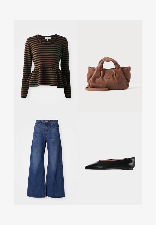 Pull à manches longues rayé marron et noir avec un ourlet en peplum, fabriqué en tissu doux, et doté d'un col rond et de poignets côtelés.; Jean en denim à jambes larges, de couleur bleu foncé, avec un design classique à cinq poches, fermeture à bouton et un léger effet d'usure le long des cuisses.; Chaussure plate en cuir noir pour femme, avec bout pointu et petit talon, vue de côté sur un fond gris clair uni.; Sac à main en cuir marron doux avec des poignées courtes, un logo brodé à l'avant et une longue bandoulière amovible sur un fond clair uni.