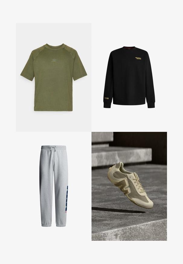 Zwarte lange mouwsweatshirt met gele "Red Bull Racing" tekst op de borst en linker pols, geribbelde manchetten en zoom.; Olijfgroene kortonna shirt van katoen, met een ronde hals en een klein grijs logo op de borst. Gladde textuur.; Lichtgrijze sweatpants met elastische boorden en tailleband, trekkoord en verticale donkerblauwe tekst "NAUTEX" op het rechterbeen.; Beige sportschoen met een gestructureerd zijpaneel, veters en een ronde neus, zwevend boven een betonnen oppervlak met contrasterende schaduwen.
