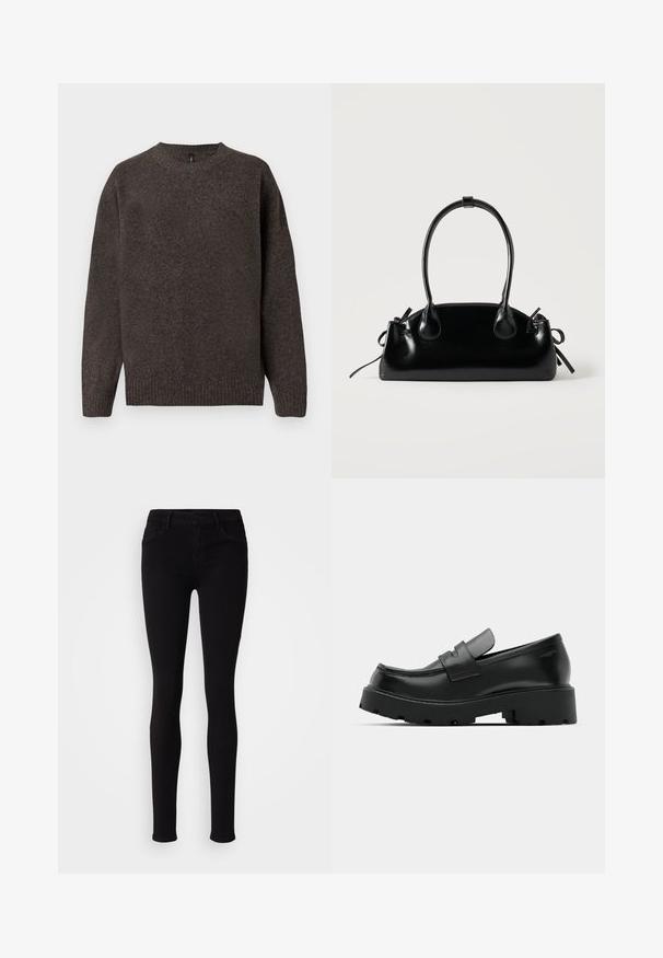 Pull en tricot marron avec un col rond, ourlet côtelé et manches longues. Fabriqué en tissu texturé pour la chaleur et le confort.; Pantalons slim fit noirs avec fermeture à bouton, passants de ceinture et poches avant, présentés sur un fond clair et uni.; Mocassins en cuir noir avec une semelle épaisse et texturée, dotés d'une sangle sur le vamp et d'une finition lisse et polie.; Petit sac à main noir brillant avec deux longues anses et des détails à cordon sur les côtés sur un fond clair uni.