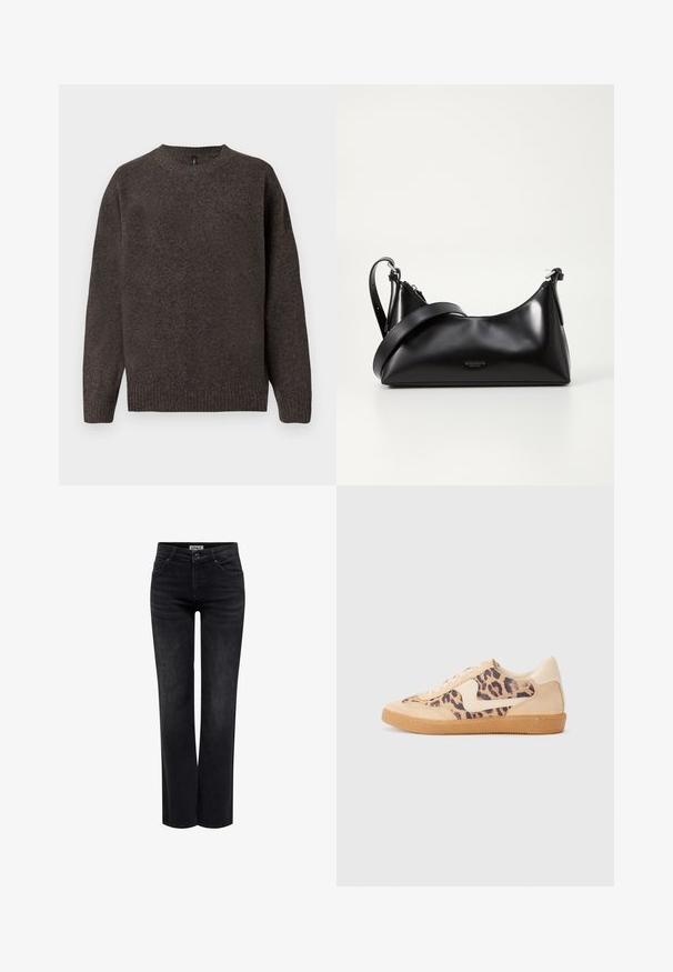 Bruine gebreide trui met een ronde halslijn, geribbelde zoom en lange mouwen. Gemaakt van een textuurstof voor warmte en comfort.; ONLY BLUSH MID STRAIGHT NOOS - Straight leg jeans - washed black; Luipaardprint sneakers met een beige suède bovenkant, tan rubberen zool en witte accenten. Ronde neus en vetersluiting met een gestructureerde afwerking.; Zwarte leren handtas met een gladde textuur. Beschikt over een verstelbare schouderband en een strak, minimalistisch ontwerp met een ritssluiting.