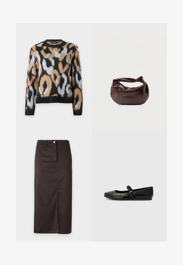 Sweater med leopardmønster, rund halsudskæring, lange ærmer og en blanding af sorte, brune og lyseblå farver med struktureret strikstof.; Brun, knælang nederdel lavet af glat stof. Har en frontslids, knaplukning og sidelommer for ekstra funktionalitet.; Sorte læder balletflade med rund tå, flad sål og en tynd justerbar rem over svangen med en metalspænde.; Mørkebrun læder skuldertaske med en blød, afslappet form og et snoet knudehåndtag på en ensartet hvid baggrund.
