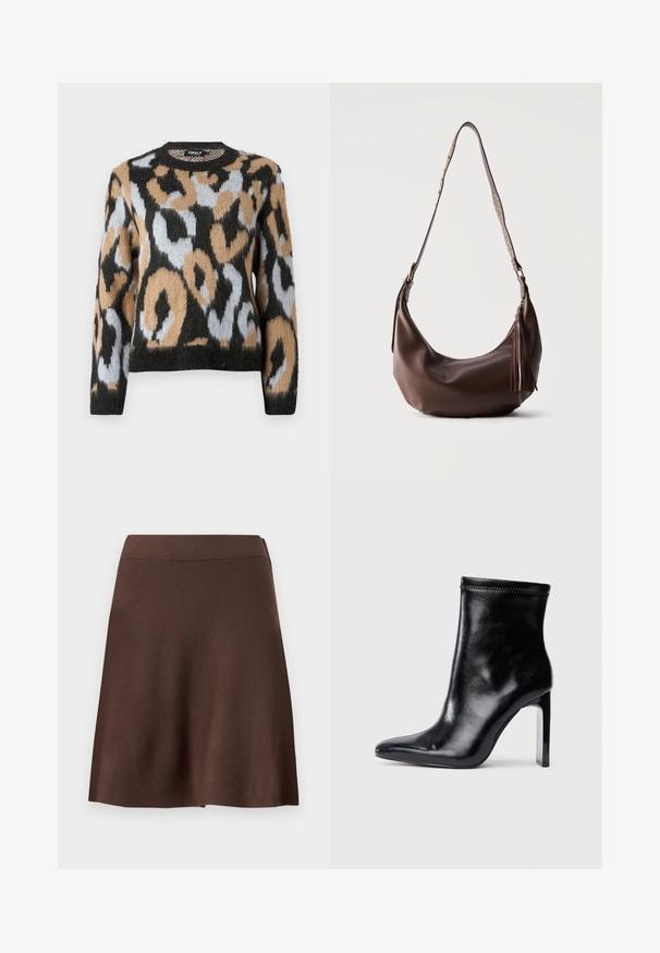 Sweater med leopardmønster, rund halsudskæring, lange ærmer og en blanding af sorte, brune og lyseblå farver med struktureret strikstof.; Brun A-formet nederdel med elastisk talje, glat strik tekstur og let svaj i kanten mod en ensfarvet lys baggrund.; Sorte læder ankelstøvle med spidse tæer og høj klar hæl. Glat tekstur og minimal syning på overmaterialet.; Brun skuldertaske i læder med guldnitter på stroppen og læderrispynte lynlås, vist mod en ensfarvet baggrund.