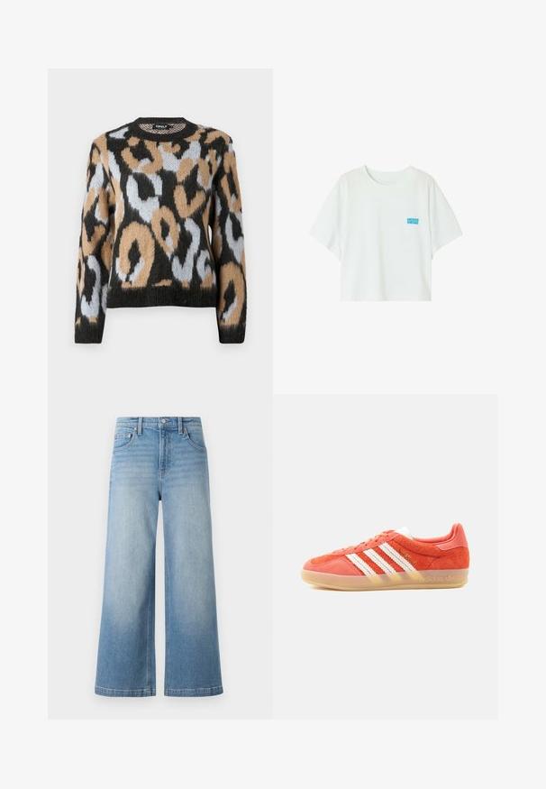 Leopardprint trui met een ronde halslijn, lange mouwen en een mix van zwart, bruin en lichtblauwe kleuren, gemaakt van gestructureerde breiware.; Wit cropped T-shirt van katoen, met een ronde halslijn en korte mouwen. Kleine blauwe tekst op de linkerborst met de tekst "AMERICAN VINTAGE."; Lichtblauwe denim brede pijpen jeans met een hoge taille, vijf-pocket ontwerp, zichtbare stiksels en een knoopsluiting aan de voorkant.; Oranje Adidas Gazelle sneaker met witte strepen en gumzool, zijaanzicht op effen lichte achtergrond.