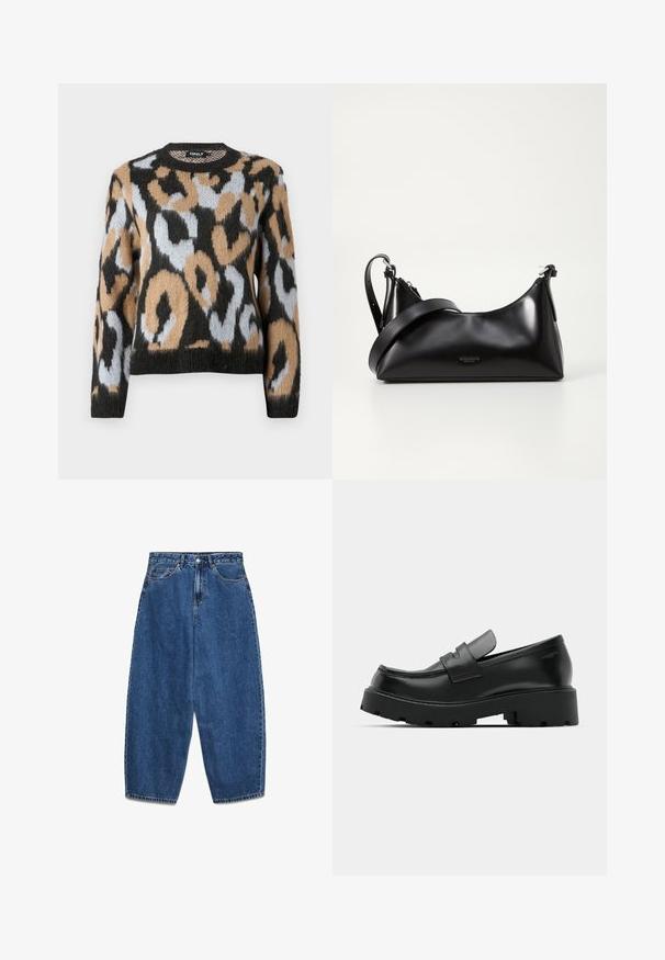 Sweater med leopardmønster, rund halsudskæring, lange ærmer og en blanding af sorte, brune og lyseblå farver med struktureret strikstof.; Blå denimjeans med høj talje, afslappet pasform og lige ben. Klassisk design med fem lommer, lynlås og knaplukning.; Sorte læder loafers med en chunky tekstureret sål, der har en rem over vamps og en glat, poleret finish.; Sort læderhåndtaske med en glat tekstur. Har en justerbar stropp og et enkelt, minimalistisk design med lynlås.
