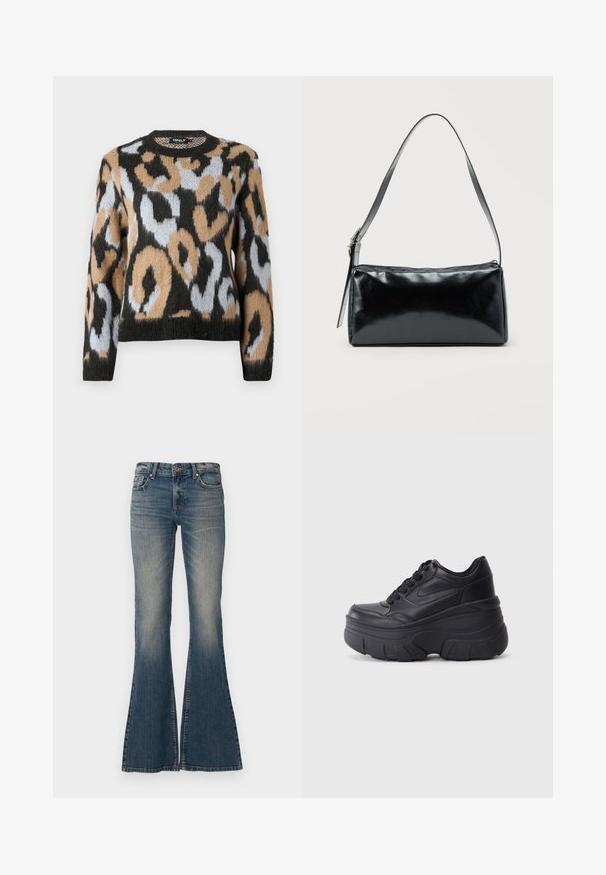 Suéter de estampado de leopardo con cuello redondo, mangas largas y una mezcla de colores negro, marrón y azul claro en un tejido de punto texturizado.; Vaqueros de pata de elefante en azul, fabricados en denim, con cierre de botón, diseño de cinco bolsillos y un acabado desvanecido con una abertura de pierna ancha.; Zapatillas negras con cordones y suela gruesa, con parte superior de cuero suave, punta redondeada y un diseño de plataforma en capas distintivo.; Bolso de hombro rectangular negro con una correa ajustable y un cierre de cremallera superior sobre un fondo liso.