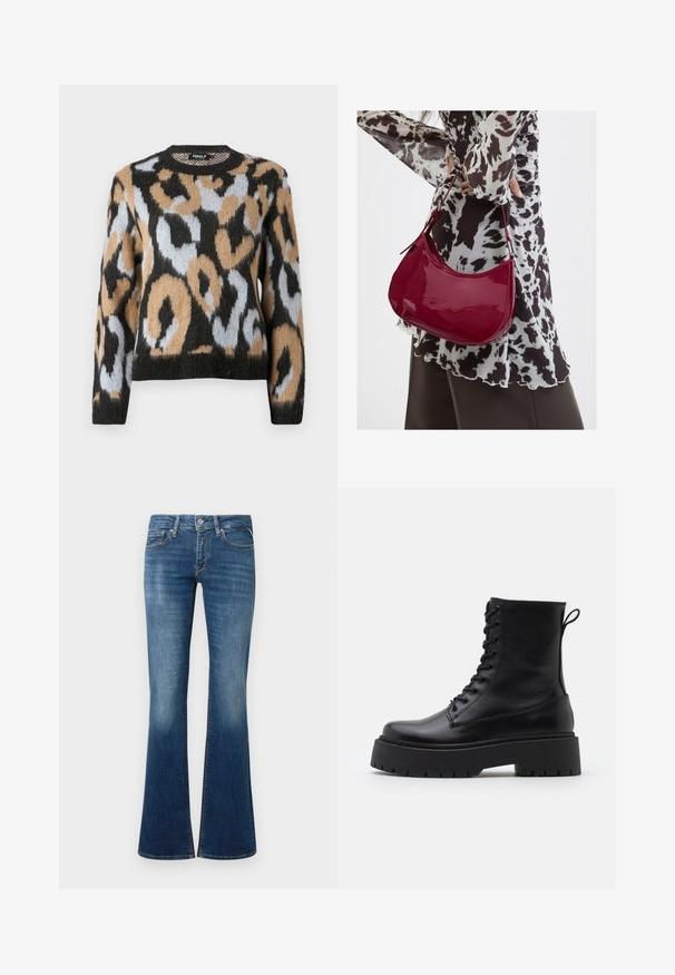 Sweater med leopardmønster, rund halsudskæring, lange ærmer og en blanding af sorte, brune og lyseblå farver med struktureret strikstof.; Flared jeans i mørkeblåt denim, med knaplukning, frontlommer og en falmet tekstur mod knæene for en gradvis farveovergang.; Sorte læder ankelstøvler med rund tå, snørebånd foran og en tyk gummisål med struktureret slidbane. Hæfteløkke bagpå.; Kvinde iført en sort- og hvidmønstret bluse, der holder en blank rød skuldertaske mod en ensfarvet baggrund.