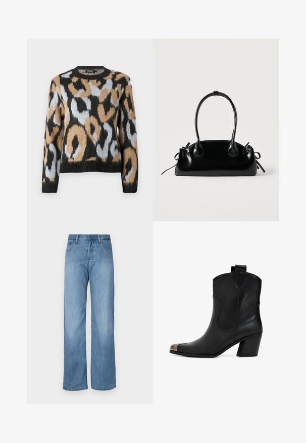 Leopardenmuster-Pullover mit rundem Ausschnitt, langen Ärmeln und einer Mischung aus Schwarz, Braun und Hellblau in einem strukturierten Strickstoff.; Hellblaue Denim-Jeans im weit geschnittenen Stil mit einem klassischen Fünf-Taschen-Design, Knopfverschluss und dezenten Nähten entlang der Säume.; Schwarzer Leder-Stiefelette mit leichtem Absatz, spitz zulaufender Spitze und metallischer Kappe. Schlichte Nahtführung und Zuglasche an der Rückseite.; Kleine schwarze glänzende Handtasche mit zwei langen Griffen und seitlichen Kordelzug-Details vor einfachem hellem Hintergrund.