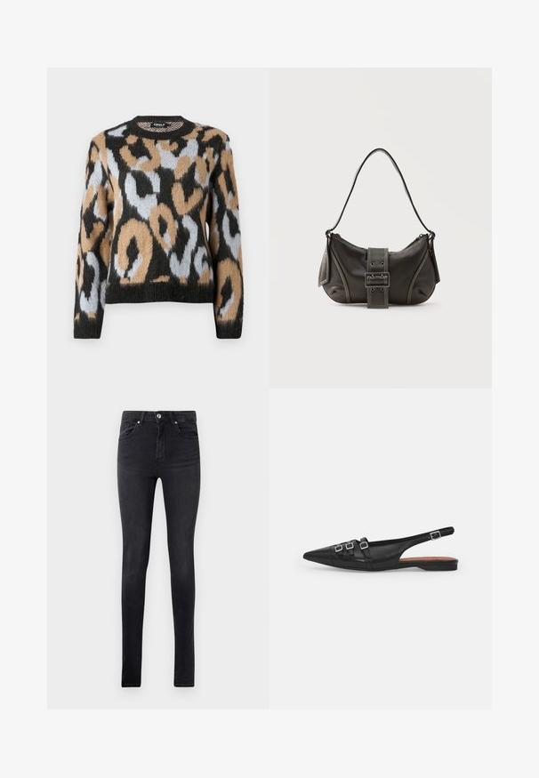 Leopardenmuster-Pullover mit rundem Ausschnitt, langen Ärmeln und einer Mischung aus Schwarz, Braun und Hellblau in einem strukturierten Strickstoff.; Schwarze Slim-Fit-Jeans aus Denim mit fünf Taschen und einem Knopfverschluss an der Taille, auf einem schlichten weißen Hintergrund präsentiert.; Schwarze Leder-Slingback-Ballerina mit spitzem Zeh, ausgestattet mit zwei horizontalen Riemen und quadratischen silbernen Schnallen, mit flachem Absatz und glatter Oberfläche.; Schwarze Leder-Schultertasche mit Schnallengurt-Detail, abgerundeten Kanten und kontrastierenden weißen Nähten auf schlichtem Hintergrund.