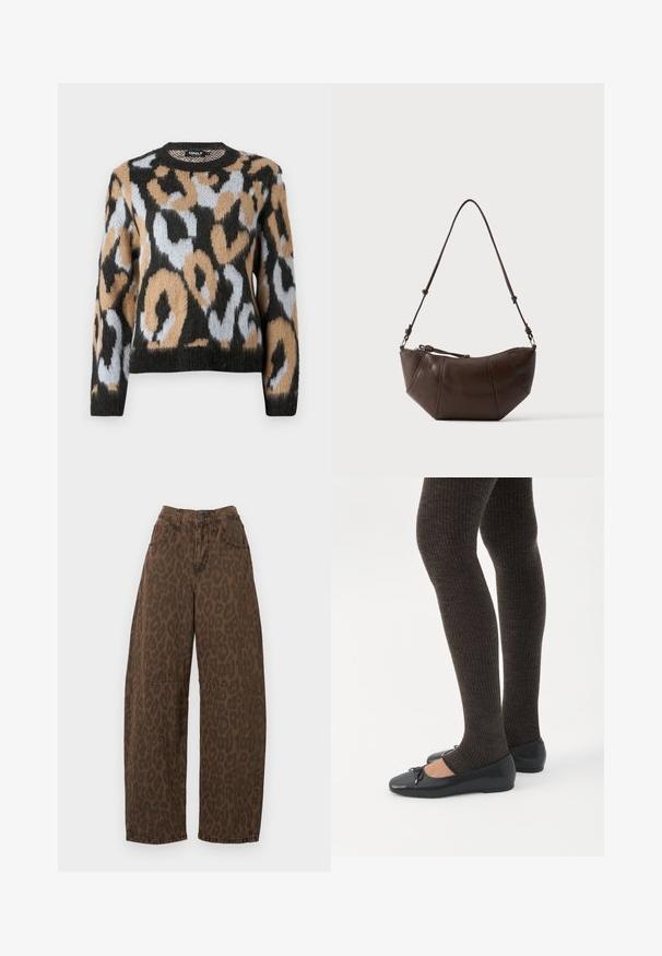 Sweater med leopardmønster, rund halsudskæring, lange ærmer og en blanding af sorte, brune og lyseblå farver med struktureret strikstof.; Brune leopardmønstret vidde ben jeans med høj talje, knaplukning og to forlommer. Fremstillet af denimstof med en glat overflade.; Ben iført mørke ribbede leggings kombineret med sorte balletsko med små sløjfedetaljer på hvid baggrund.; Brun læder skuldertaske med buet bund og justerbar rem mod en ensfarvet lys baggrund.