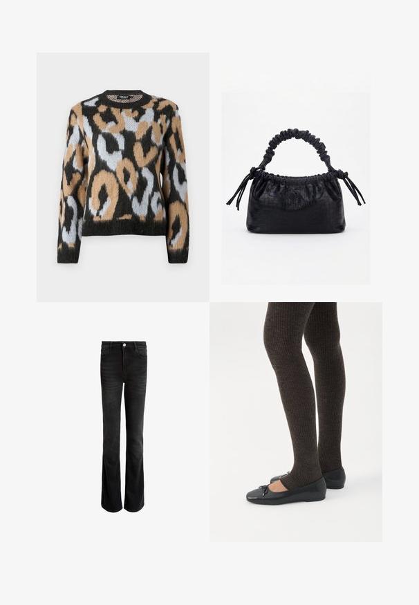 Sweater med leopardmønster, rund halsudskæring, lange ærmer og en blanding af sorte, brune og lyseblå farver med struktureret strikstof.; Sorte flared jeans lavet af denim, med høj talje, fem lommer og sølvfarvet knaplukning. Glat tekstur med subtilt falm.; Ben iført mørke ribbede leggings kombineret med sorte balletsko med små sløjfedetaljer på hvid baggrund.; Sort taske med krokodilletekstur, rynket øverste kant, samlet hank og snore med kvaster på hver side mod en hvid baggrund.