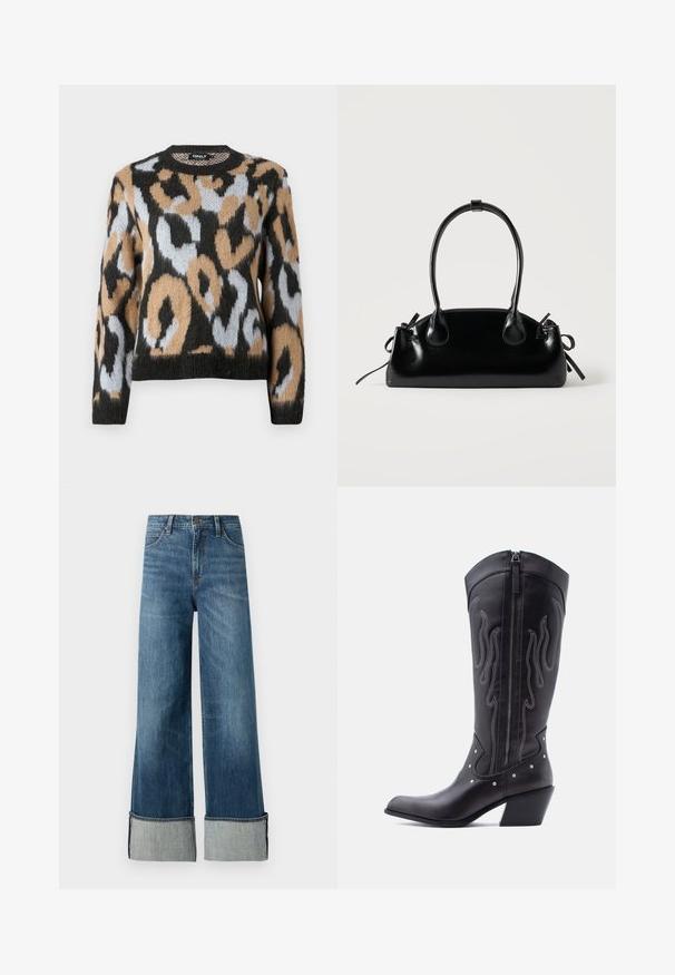 Leopardenmuster-Pullover mit rundem Ausschnitt, langen Ärmeln und einer Mischung aus Schwarz, Braun und Hellblau in einem strukturierten Strickstoff.; Lee STELLA - Wide Leg - richter; Schwarze Cowboy-Stiefel aus Leder mit spitzer Zehenpartie, sichtbarer Nahtführung, silbernen Nietenakzenten und Reißverschluss auf der Innenseite.; Kleine schwarze glänzende Handtasche mit zwei langen Griffen und seitlichen Kordelzug-Details vor einfachem hellem Hintergrund.